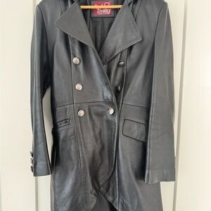 Double-Breasted Genuine Black Leather Lace-Up Back Coat Size
